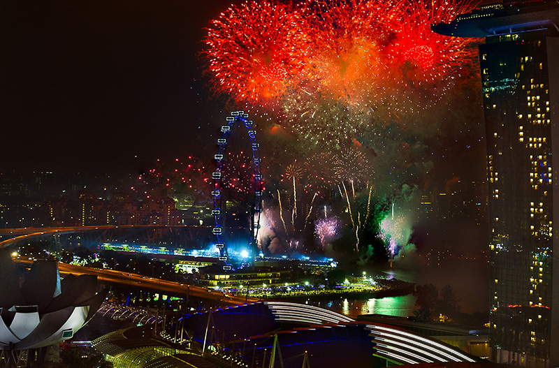 View of the fireworks from a high-rise building in Singapore
